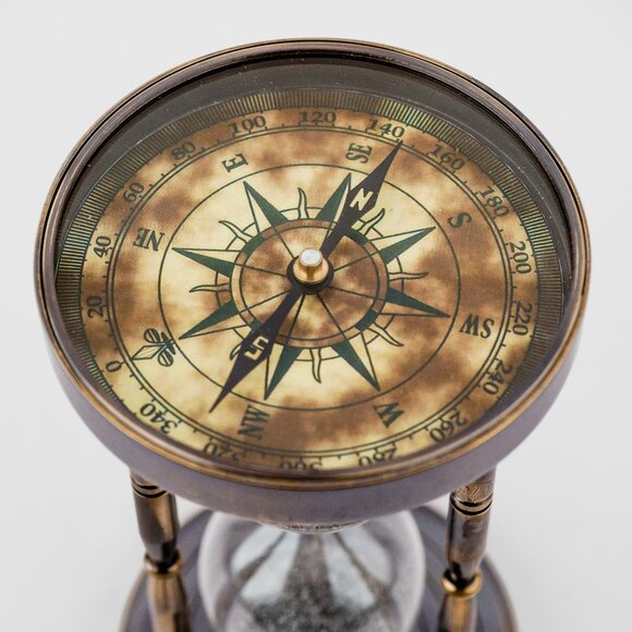 Brass Sand Timer with Working Double-Sided Compass 7" Antique - Picture 7 of 13